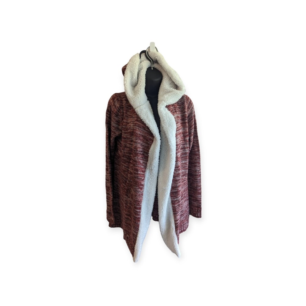 Grave Fame Womens Burgundy & White Trim Long Sleeve Hooded Open Front Cardigan S